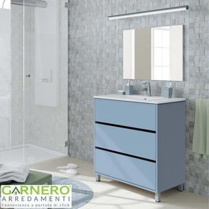 Mobile bagno a terra 82cm con lavabo e specchio 3 cassetti blu chiaro SHUTTER - Foto 1 di 7