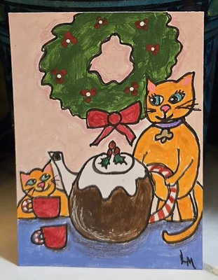 Pintura artística original ACEO naranja jengibre gatos té de vacaciones Navidad ÚNICO EN SU CLASE ATC Foto 1 de 4