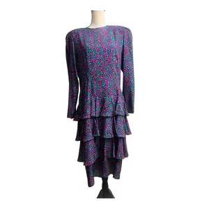 Vintage 80s Silk Studio Multicolored Tiered Ruffle Dress Size 14 - Picture 1 of 7