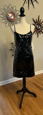 NEW Alice & Olivia 8 Black Latex Patent Faux Leather Strappy Little Black Dress - Image 1 of 4