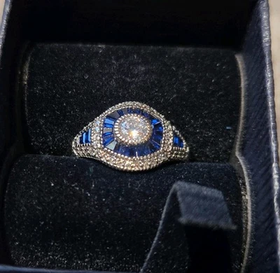 Серебро ар-деко стиль синий/белый CZ кольцо - Изображение 1 из 4