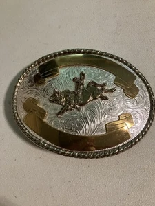 Bull Rider Belt Buckle Dual Gold Banners Nickel Great Vintage USA 1990's 4"x3" - Picture 1 of 9