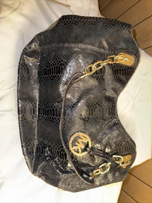 Bolso de Mano Michael Kors Negro Pitón Piel de Serpiente Cuero Repujado Cadena Foto 1 de 3