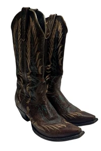 Johnny Ringo 7.5B Cowgirl Stiefel Western Stitch Bold Feather Snip Toe Braun Selten - Bild 1 von 12