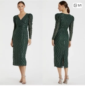 NEU $ 498 Mac Duggal 93676 Perlen Spitze Langarm Midikleid Smaragd 14 Urlaub - Bild 1 von 8