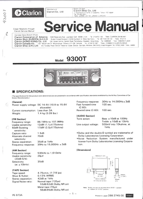 CLARION 9300T, 9300TB, SINTONIZADOR DE CASETE AM/FM, MANUAL DE SERVICIO Y ACTUALIZACIÓN DE SERVICIO MAN Foto 1 de 2