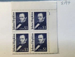 NANEE-B) US# 2194, JOHN HOPKINS, PLATE BLOCK OF 4 MOGNH, 1986,FACE 4.00 BK164 - Picture 1 of 2