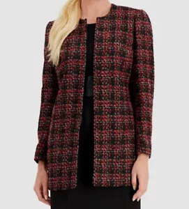 $150 Kasper Women's Red Plaid Tweed Long-Sleeve Open-Front Knit Jacket Size L - Picture 1 of 3