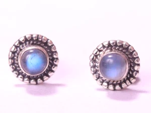 Natural labradorite Round Stud Earrings 925 Sterling Silver vintage Handmade - Picture 1 of 8