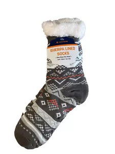 Sherpa Lined Warm Cozy Slipper Socks Gripper Bottom | Gray Pink ONE SIZE UNISEX - Picture 1 of 5
