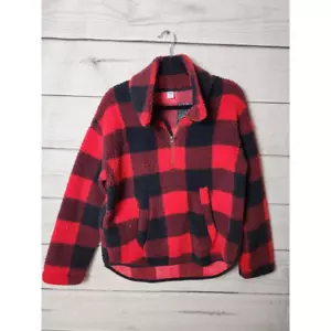 Old Navy Womens Pullover Jacket Red Black Buffalo Plaid 1/4 Zip Pockets Collar S - Picture 1 of 6