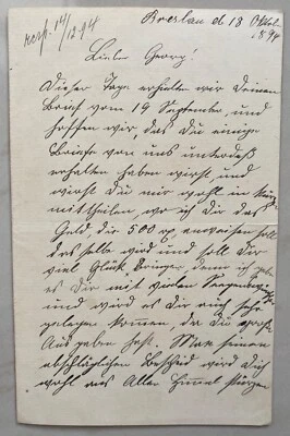 Antiga carta manuscrita em alemão. Breslau Silesia. 1894. - Image 1 of 3