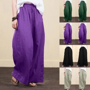 Women's Cotton Linen Wide Leg Pants Casual Culotte Palazzo Loose Trousers Slacks - Picture 1 of 15