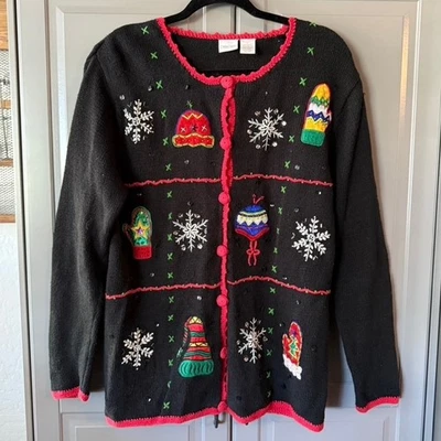 Suéter cárdigan navideño con manoplas bordadas vintage de Cherokee para mujer, negro, L Foto 1 de 4