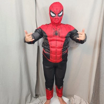 Spiderman Halloween Costume Black Red Padded Jumpsuit & Mask Youth MEDIUM USED - Image 1 of 4