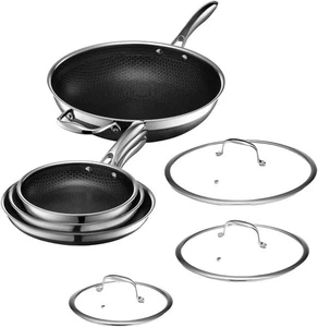 HEXCLAD batterie de cuisine 7 pièces hybride (3 poêles avec couvercles + wok) - Foto 1 di 5