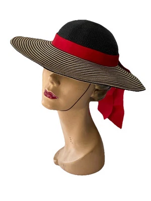 Vintage 50s/60s Black White Striped Hat Wide Brim Tilt RED Ribbon Bow Strap 14" - Image 1 of 4