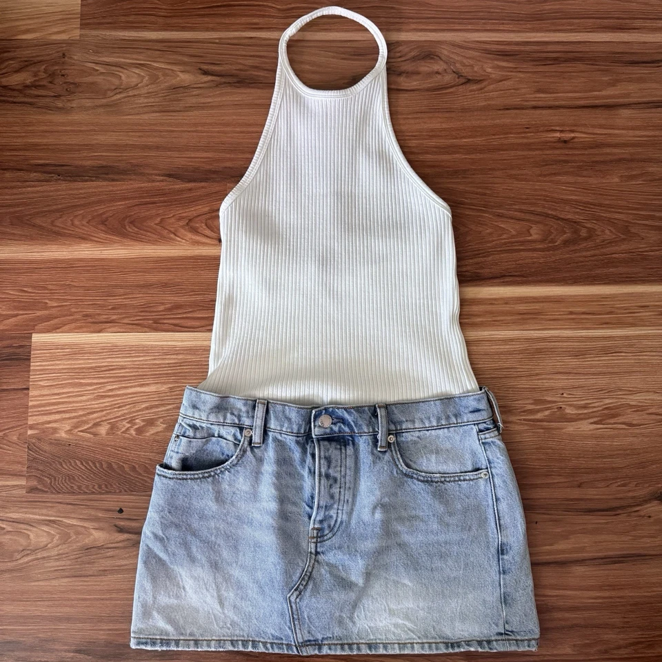 Rare 2000s Alexander Wang Ribbed Halter Bodysuit + Denim Mini Skirt - Image 1 of 4