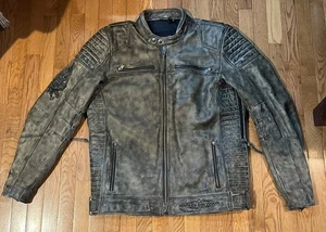 RARE Harley Davidson Men's XL Tall Distressed Eagle Leather Jacket Cafe Racer - Picture 1 of 14