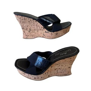 Donald Pliner Black Kogi Leather Shoe Hand Carved Cork Wedge Platform $235 NIB - Picture 1 of 6