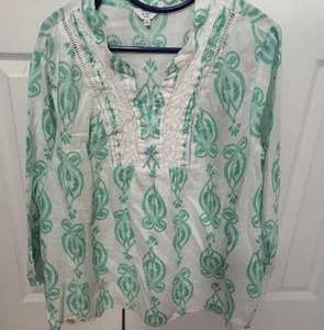 Crown & Ivy Top Women's 3X Plus Green & White Peasant Boho Crochet Pre Owned - Picture 1 of 7