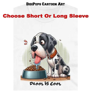 DigiPups Harlekin Deutsche Dane über Hund Schüssel Sabber ist cool lustig Cartoon T-Shirt - Bild 1 von 7