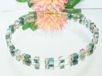 Halskette Würfelkette Würfel Cube Hämatit petrolgrün Kristall glas Strass 064a - Bild 1 von 4