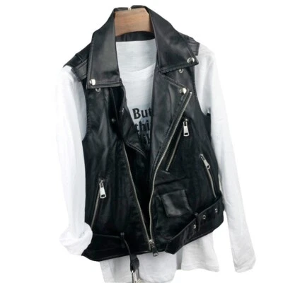 Women Faux Leather Waistcoat Tops Gilet Biker Sleeveless Jacket Punk Retro Zip - Image 1 of 4
