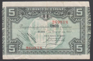 Spain 5 Pesetas 01-01-1937 VF P. S561a, Banknote, Circulated - Picture 1 of 2
