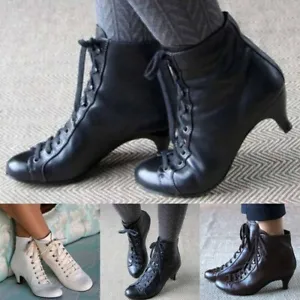 Women Ladies Low Kitten Heel Ankle Boots Victorian Retro Lace Up Leather Shoes - Picture 1 of 9