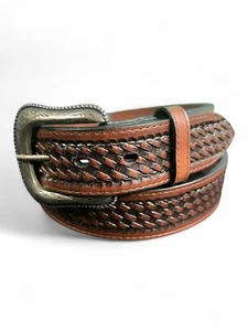 Men’s Money Belt Western Brown Leather Embossed Basket Weave Belts - Picture 1 of 4