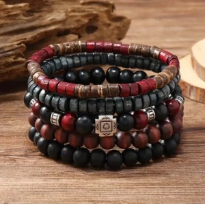 Bracelet Set 5 Piece Men’s Boho Wood Bead Stretch 8” 235 - Picture 1 of 3