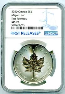 2020 $5 CANADA 1 OZ SILVER MAPLE LEAF NGC MS70 RARE FIRST RELEASES BLUE LABEL - Picture 1 of 2