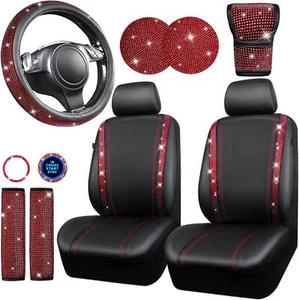 Leather Red Diamond Seat Cover Set, 11pcs Including Steering Wheel & Gear Cover - Picture 1 of 9