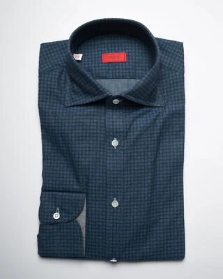 Isaia $675 Blue Small Medallion Cotton 'Italia' Fit Sport Shirt (38 eu) 15 US - Image 1 of 4