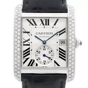 Cartier Tank MC LM W5330003 Date Silver SS After Diamond Watch Men Automatic - Picture 1 of 5