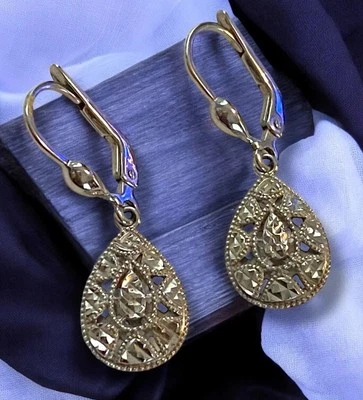 LINDOS BRINCOS PENDURADOS EM FILAGRANA DE OURO BRANCO 14K com alavanca de lágrima deslumbrante!! - Imagem 1 de 4