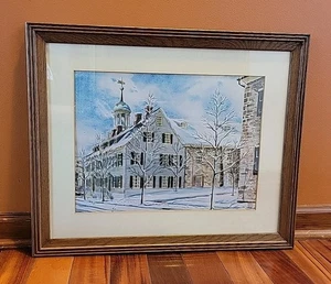 Vintage signiert Fred Bee Moravian Bethlehem PA Winter Aquarell Litho Kunst gerahmt  - Bild 1 von 16