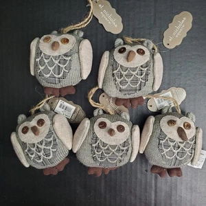 Gray Sweater Knit Owl Plush Ornaments Set Of 5 Stuffed 3.5" Soft Grey Wood Eyes - Picture 1 of 11