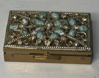Vintage Brass/silver Pill Box Turquoise Stones And Rhinestones Stone Details - Image 1 of 4