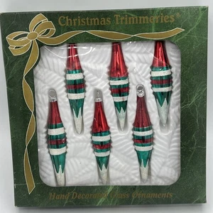 Vintage Bradford 6 Träne Tropfen Glas Glitzer Ornamente 4" weiß rot grün schön - Bild 1 von 9