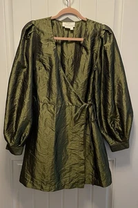 Anthropology grün Taft Wickelkleid bauschig lange Ärmel Tie in der Taille GR 10 - Bild 1 von 9