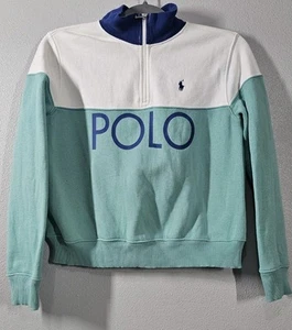Polo Ralph Lauren Colorblock Spell Out Mock Neck Sweatshirt 1/4 Zip Girl 12/14 - Picture 1 of 7