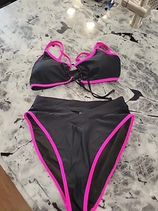 BMJL Women’s High Waisted Bikini Set Sporty bikini NWT Black and Hot Pink Large - Picture 1 of 13