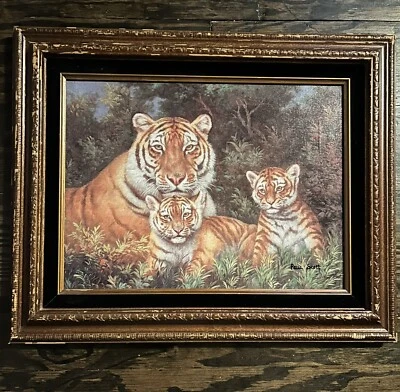 Framed Tiger &Cubs Signed Painting 18”x 22” Velvet Boarder Frame On Silk Screen - Image 1 of 4