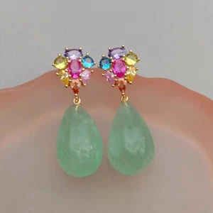 Natural Green Fluorite Teardrop Cz Pave Stud Dangle Earrings - Picture 1 of 6