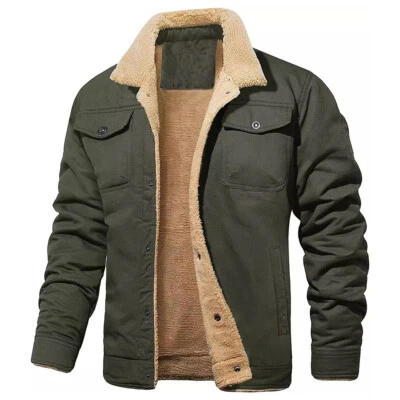 Men's Sherpa Trucker Jacket 5 Pockets Cotton Cargo Work Lapel Collar Winter Coa△ - Image 1 of 4