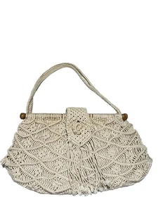 Vintage Mister Ernest Boho Macrame, Wood, Fridge Style Crochet Off White Handbag - Picture 1 of 14