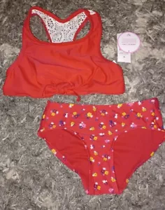 Girls justice knot lace cut out bk 2pc bikini size 6 new neon red floral - Picture 1 of 3