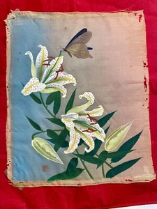 Antique Chinese Silk Painting Orchids And Butterfly CHINA Ancient Textile - Picture 1 of 9